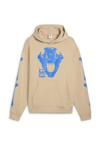 Felpa beige con una grande grafica blu di un teschio sul davanti e dettagli blu sulle maniche. Presenta una tasca a canguro e cappuccio con cordino.