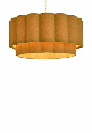 Brown fabric pendant lamp with a scalloped, double-layered cylindrical shade emitting warm light, suspended by a twisted cord.