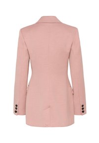 Rosa taillierter Blazer mit einem Reverskragen, langen Ärmeln und jeweils vier schwarzen Knöpfen an den Manschetten. Glatte Textur mit zwei Seitentaschen.