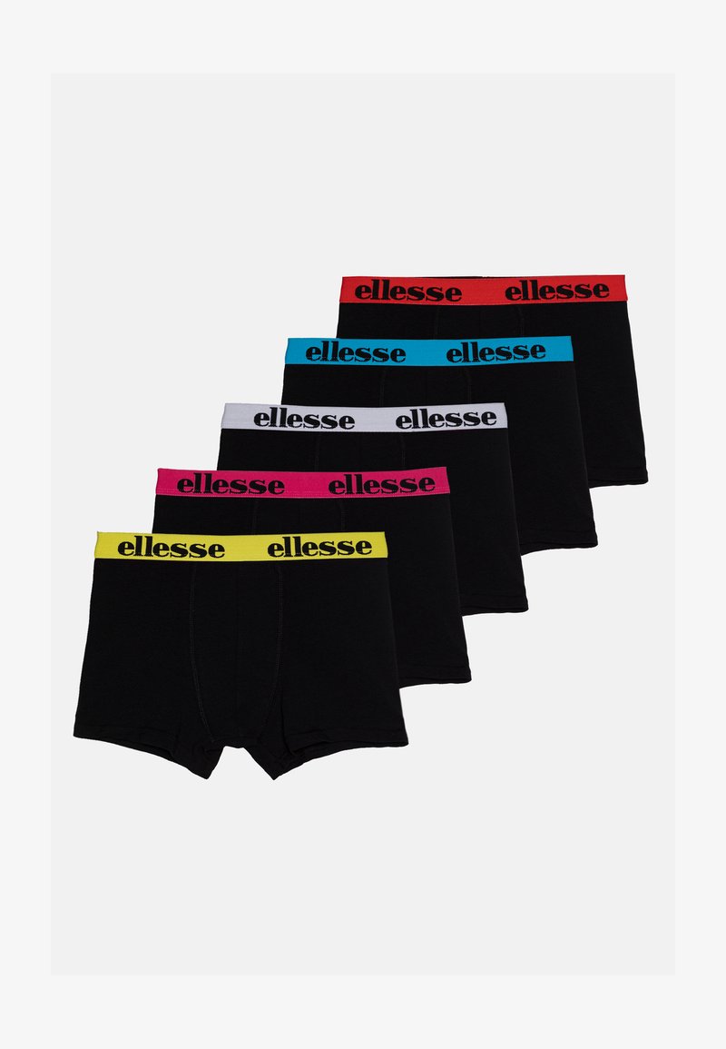 Pieci melnu bokseru pāri ar elastīgu jostasvietu dzeltenā, rozā, zilā, sarkanā un baltā krāsā, uz kuriem ir melnais "ellesse" logo.