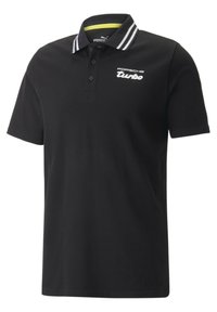 Svart polo skjorte laget av bomull, med en to-knapps knappestolpe, hvit kantet krage, og "Porsche Turbo" logo i hvitt på fronten.