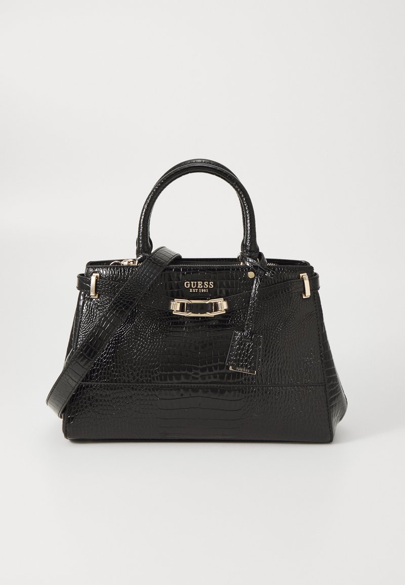 Black faux leather handbag with a crocodile texture, gold hardware accents, dual top handles, and a detachable shoulder strap.