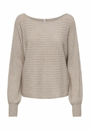 Pull beige clair en maille avec un large col, une texture côtelée, et des manches longues avec des poignets ajustés. Le design est orné de rayures horizontales.