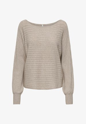 Heledat beežist kootud kampsun laia kaelusega, sooniline tekstuur ja pikad varrukad, millel on kitsad mansetid. Disaini kaunistavad horisontaalsed triibud.