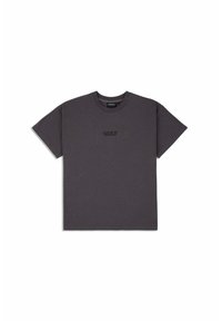 Short-sleeve, crew neck t-shirt in dark gray cotton with a subtle black text logo on the front. Relaxed fit and smooth texture.