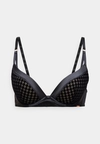 Sutiã preto com um design de decote profundo almofadado, apresentando painéis de malha com padrão pied-de-poule e alças de cetim, acentuado por um pequeno detalhe metálico.