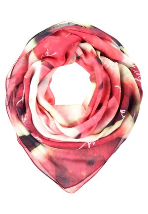 Écharpe légère avec motif floral abstrait rouge, rose et noir, pliée en forme circulaire avec un centre creux.