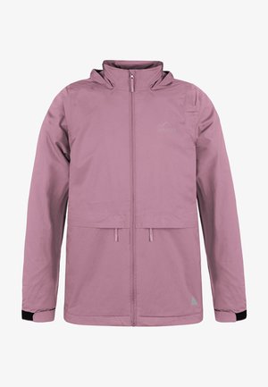 Hellrosa wasserdichte Jacke mit Reißverschluss, verstellbare Kapuze, zwei Fronttaschen, elastischen Bündchen und minimalistischem Logo auf der Brust.