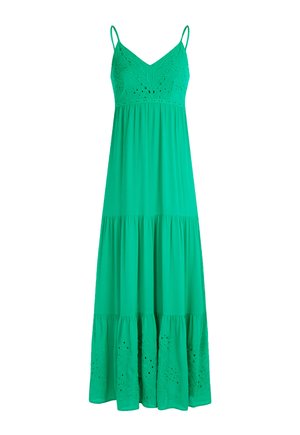 Grünes Maxikleid mit Spaghettiträgern, das ein gestuftes Design und bestickte florale Akzente am Saum aufweist. Weicher Stoff und fließende Silhouette.