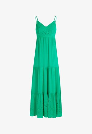 Abito maxi verde con spalline sottili, caratterizzato da un design a strati e dettagli floreali ricamati sull'orlo. Tessuto morbido e silhouette fluida.