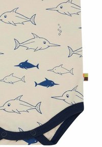 Baby-Body in cremefarbener Baumwolle mit navyblauem Fischdruck. Mit kurzen Ärmeln, Druckknopfverschluss im unteren Bereich und kontrastierendem navyblauen Saum.