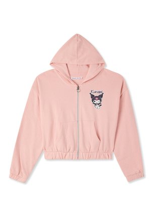 Felpa corta rosa chiaro con zip, tasche frontali e grafica del personaggio Kuromi con testo sulla parte sinistra del petto.