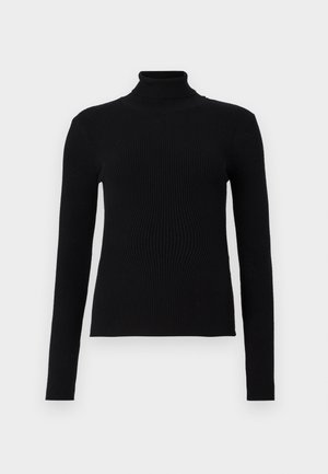 Black ribbed long-sleeve turtleneck sweater with a close-fitting design and smooth texture, featuring a high neckline and slim arms.