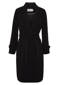 Musta trench-coat, jossa on läppäkaulus, pitkät hihat, vyöllinen solmimisvöitä vyötäröllä ja käännetyt hihansuut, valmistettu sileästä kankaasta.