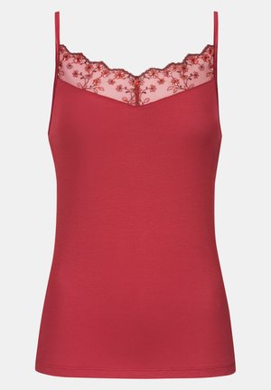 Red tank top with thin straps. Features a scalloped lace neckline with floral embroidery, adding texture and detail to the design. Smooth fabric body.