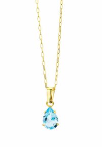 Collier en chaîne dorée avec un pendentif en aquamarine en forme de goutte d'eau, fixé par quatre griffes, avec une finition polie et des maillons allongés.