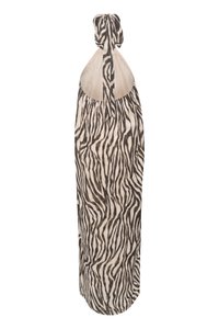 Geantă de depozitare cu model de zebra, fabricată dintr-un material ușor, având un vârf legat și o formă cylindricală; culorile sunt bej și marron închis.