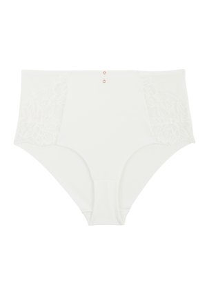 Culotte blanche taille haute pour femme avec des panneaux latéraux en dentelle florale et deux petits boutons décoratifs au centre de la ceinture avant.