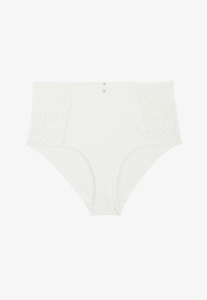 Culotte blanche taille haute pour femme avec des panneaux latéraux en dentelle florale et deux petits boutons décoratifs au centre de la ceinture avant.