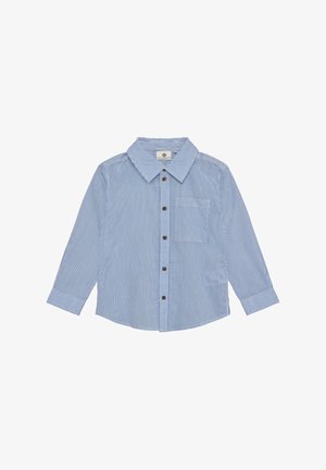 Stribet skjorte med knapper, der har lyseblå og hvide lodrette striber, en klassisk krave, brystlomme og brune knapper foran.