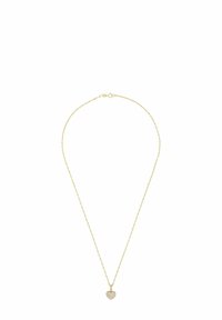 Collana dorata con una delicata catena e un pendente a forma di cuore decorato con piccoli pietre trasparenti incastonate. Design semplice ed elegante.