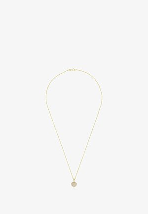Złota naszyjnik z delikatnym łańcuszkiem i wisiorkiem w kształcie serca, ozdobionym małymi, przezroczystymi kamieniami w technice pavé. Prosty, elegancki design.