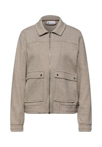 Beige Reißverschlussjacke mit Fischgrätmuster, Kragen, zwei vorderen Klappentaschen mit Druckknöpfen sowie gerippten Bündchen und Saum.