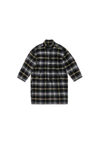 Abrigo de cuadros con cuello alto, mangas largas, en tonos negro, gris y amarillo, y bolsillos frontales con diseño de botones.