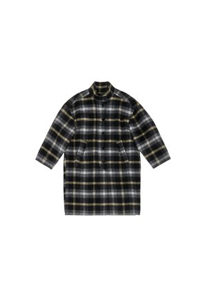 Kariertes Mantel mit hohem Kragen, langen Ärmeln, Schwarz-, Grau- und Gelbtönen sowie Fronttaschen mit Druckknopfverschluss.