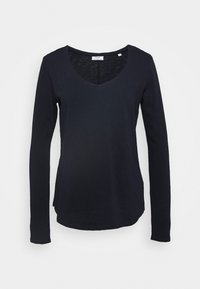 Langzaam t-shirt met lange mouwen en V-hals in donker marineblauw, gemaakt van zacht stof. Kenmerkt zich door een relaxte pasvorm met een ronde zoom en minimale stikdetails.