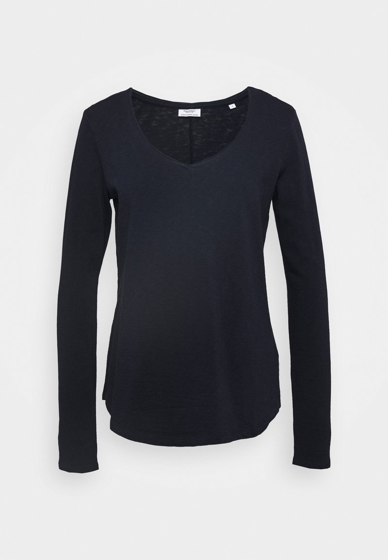 Langzaam t-shirt met lange mouwen en V-hals in donker marineblauw, gemaakt van zacht stof. Kenmerkt zich door een relaxte pasvorm met een ronde zoom en minimale stikdetails.