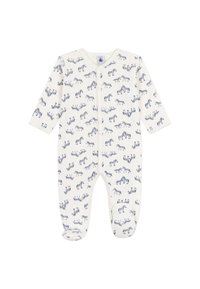 Body bianco per neonato con maniche lunghe, caratterizzato da un motivo a righe blu navy di zebra, chiusura frontale a bottoni e design con piedi per maggiore calore.