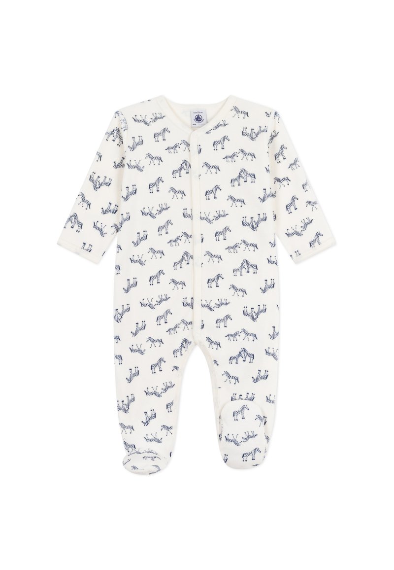 Body bianco per neonato con maniche lunghe, caratterizzato da un motivo a righe blu navy di zebra, chiusura frontale a bottoni e design con piedi per maggiore calore.
