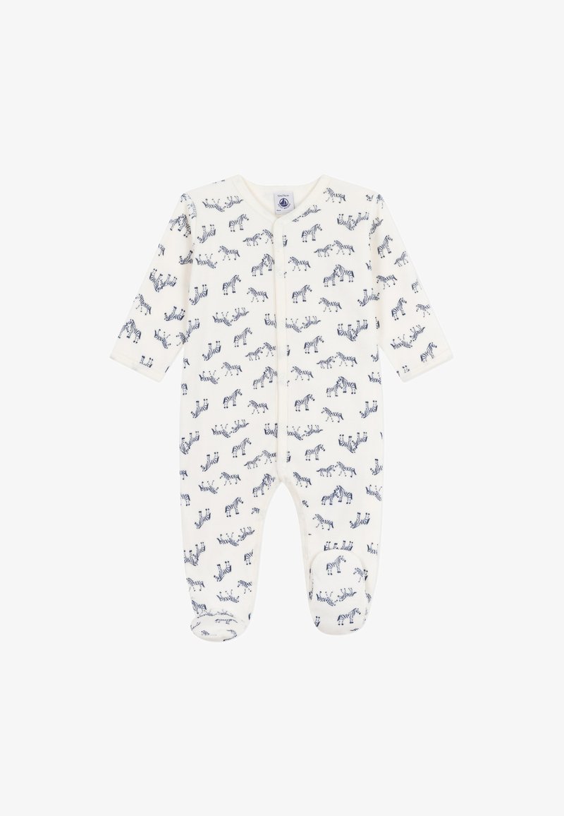 Body bianco per neonato con maniche lunghe, caratterizzato da un motivo a righe blu navy di zebra, chiusura frontale a bottoni e design con piedi per maggiore calore.
