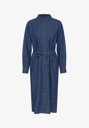 Blauwe denim jurk met lange mouwen, knopen aan de voorkant en een gestrikte tailleband. Heeft een klassieke kraag en contrasterende stiksels.