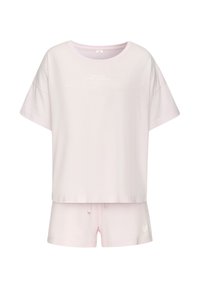 Pink cotton loungewear set featuring a loose-fitting short-sleeve top with a round neckline and matching shorts with a drawstring and heart detail.