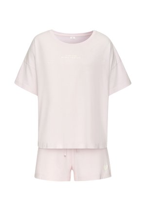 Rosa Baumwoll-Loungewear-Set mit einem locker sitzenden T-Shirt mit kurzen Ärmeln und Rundhalsausschnitt sowie passenden Shorts mit Kordelzug und Herzdetail.