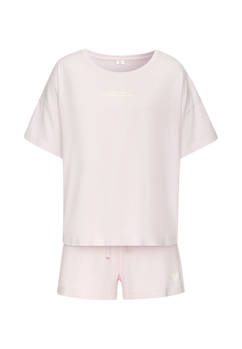 Pink cotton loungewear set featuring a loose-fitting short-sleeve top with a round neckline and matching shorts with a drawstring and heart detail.