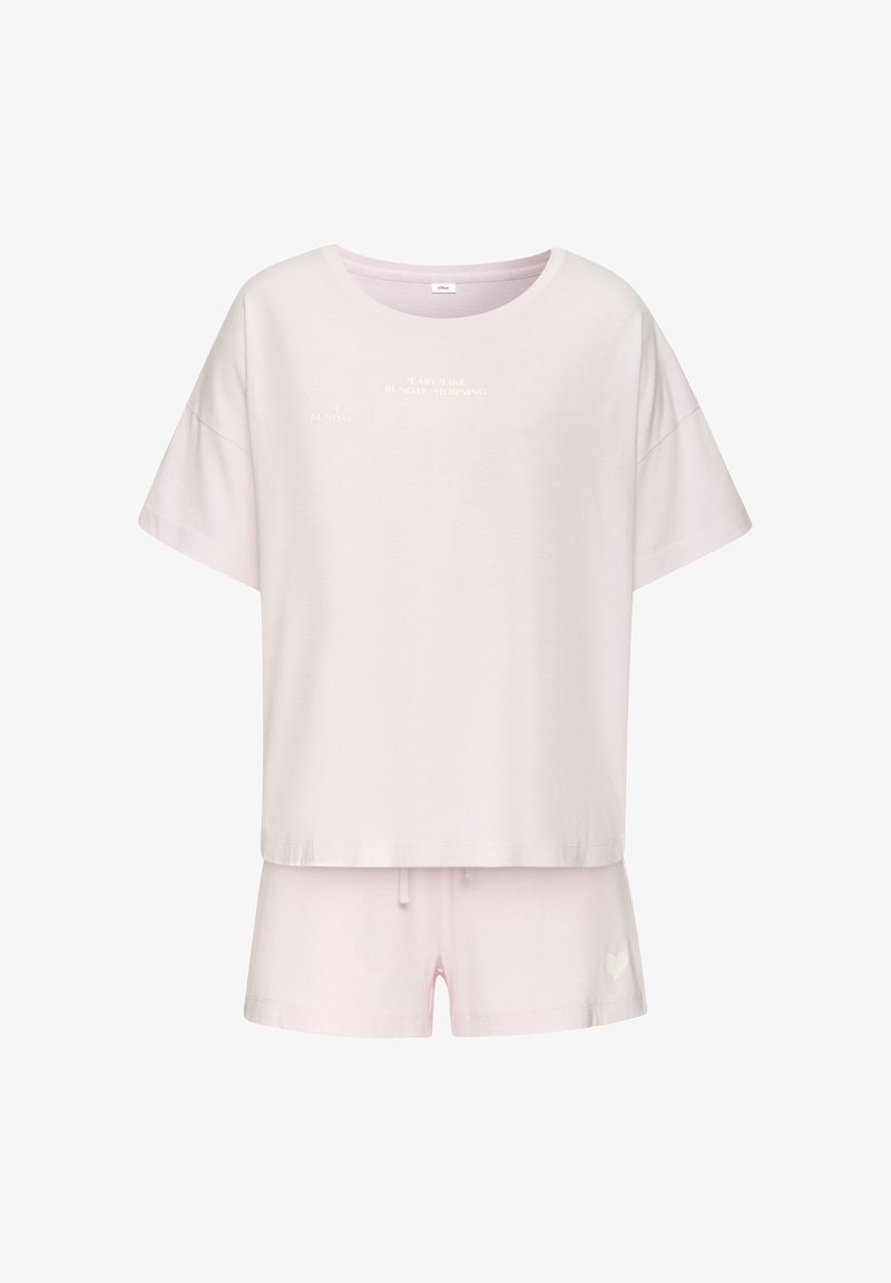 Pink cotton loungewear set featuring a loose-fitting short-sleeve top with a round neckline and matching shorts with a drawstring and heart detail.