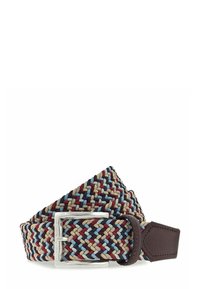 Ceinture en tissu tressé rouge, bleu, beige et marron avec une boucle rectangulaire argentée et une extrémité en cuir marron foncé.