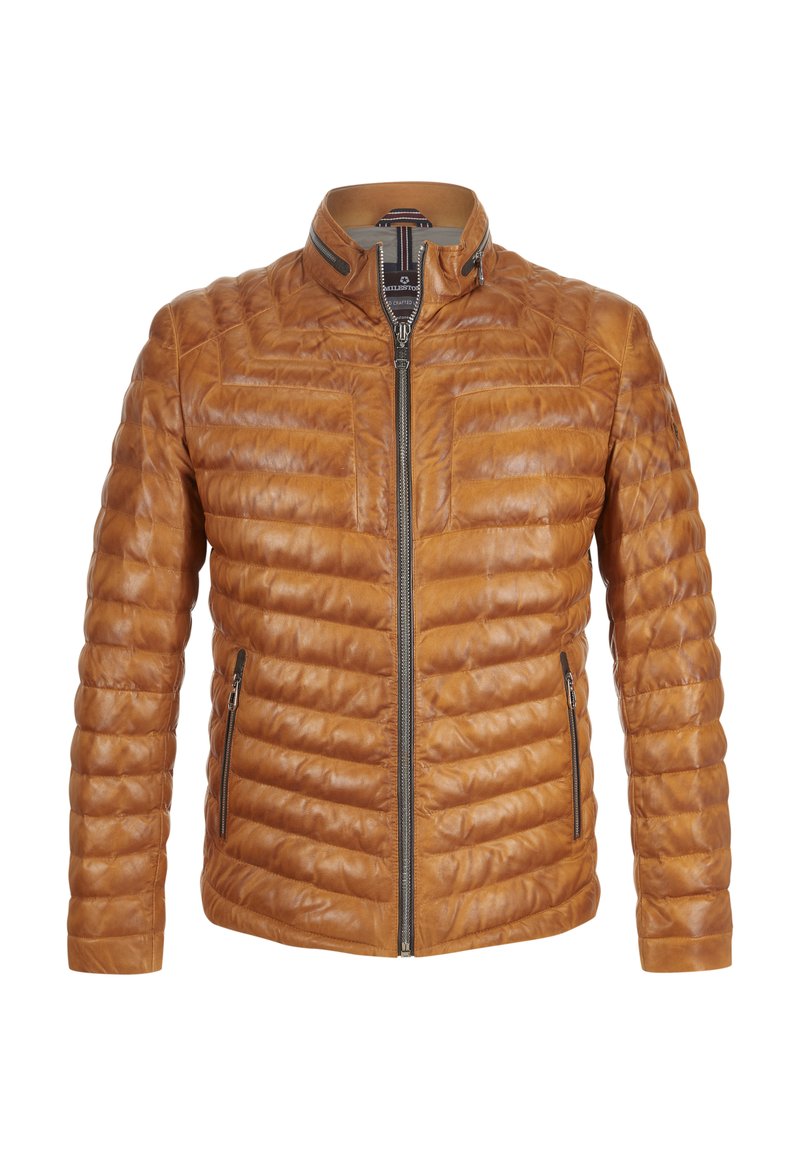 Braune Leder-Puffjacke mit hohem Kragen, gesteppten Textur, Front-Reißverschluss und zwei seitlichen Reißverschlusstaschen.