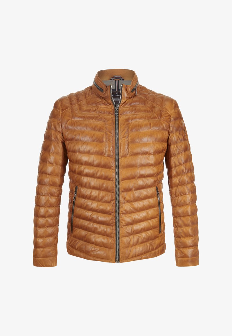 Braune Leder-Puffjacke mit hohem Kragen, gesteppten Textur, Front-Reißverschluss und zwei seitlichen Reißverschlusstaschen.