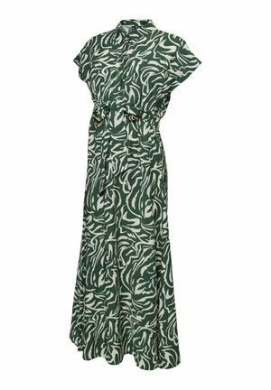 Vestido largo de patrones verdes y blancos con mangas cortas, cuello, botones al frente y cinturón anudado en la cintura, presentado sobre un fondo blanco.