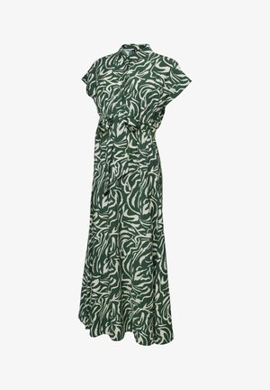 Lang grøn og hvid mønstret kjole med korte ærmer, krave, knaplukning foran og bindebælte i taljen, vist på en hvid baggrund.