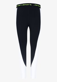 Juoda ir balta sportinė leggingai su kontrastingu dizainu, pagaminti iš tamprios medžiagos ir su žaliu logotipo juosmeniu.