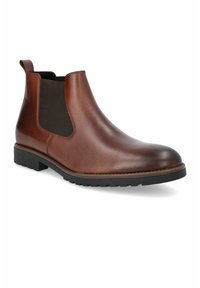 Brązowy skórzany trzewik Chelsea z elastycznymi bocznymi panelami, gładkim wykończeniem, zaokrąglonym noskiem i czarną gumową podeszwą. Ucho do wkładania z tyłu.
