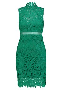 Robe en dentelle verte avec un col haut et sans manches. Présente des motifs floraux, une taille cintrée et un ourlet festonné.