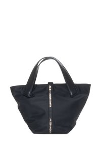 Borsa a tracolla nera realizzata in tessuto liscio con dettagli in pelle. Presenta manici corti e un logo centrale in bianco. Forma ampia e strutturata.