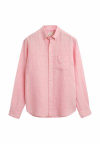 Lichtroze langemouwen knoopshirt van textuur linnen, met een borstzak en klassieke kraag met witte knopen.