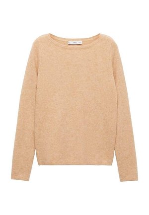 Beige trui met lange mouwen en ronde hals, gemaakt van een zachte, gestructureerde stof met geribde manchetten en zoom.